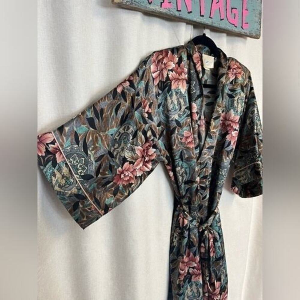 Vintage 1980s Long Silky Colorful Floral Kimono Duster Robe